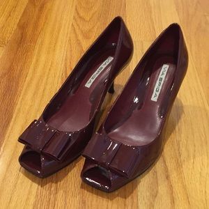 Via Spiga Maroon Patent Leather Peep Toe Bow Pumps